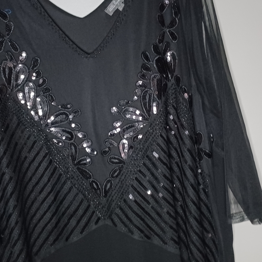 Ulla Popken Black Sequin Mesh Sleeve Midi Dress - Picture 5 of 5